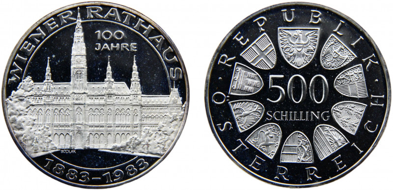 Austria Second Republic 500 Schilling 1983 Vienna City Hall Silver 0.925 24g KM#...