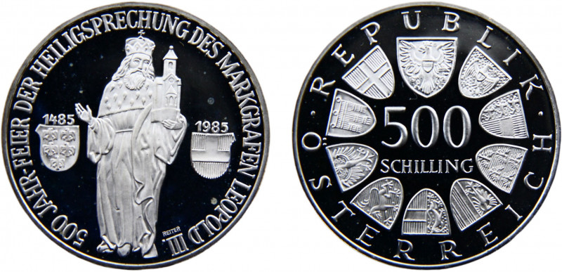 Austria Second Republic 500 Schilling 1985 Leopold III Silver 0.925 24g KM# 2973...