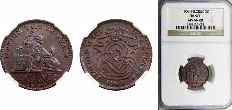 Belgium Kingdom Leopold II 2 Centimes 1909 Brussels mint French text NGC MS66 RB...