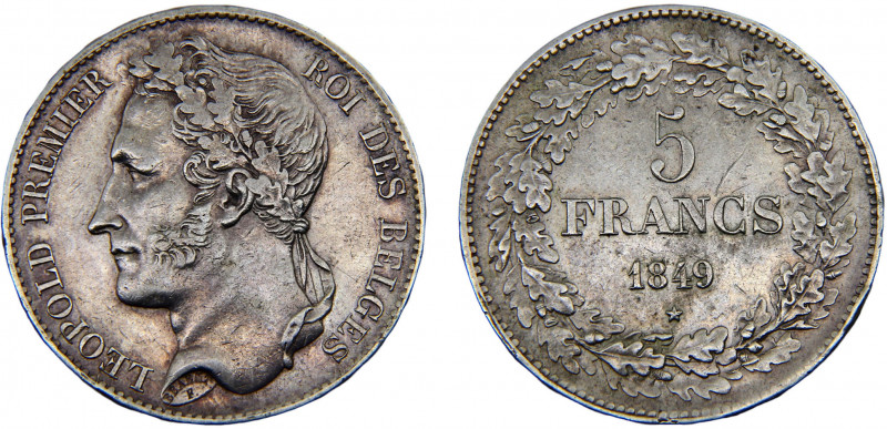 Belgium Kingdom Leopold I 5 Francs 1849 Brussels mint Crown portrait Silver 24.8...