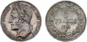 Belgium Kingdom Leopold I 5 Francs 1849 Brussels mint Crown portrait Silver 24.82g KM# 3