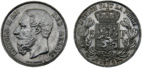 Belgium Kingdom Leopold II 5 Francs 1874 Brussels mint Silver 25g KM# 24