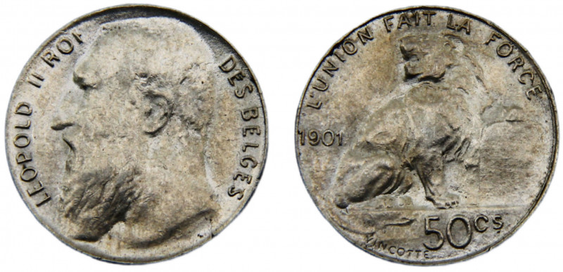 Belgium Kingdom Leopold II 50 Centimes 1901 Brussels mint French text Silver 2.4...