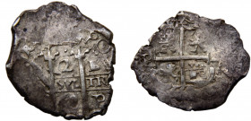 Bolivia Spanish colony Carlos II 2 Reales "1667-1678" P E Potosi mint Colonial Cob coinage Silver 6.69g KM# 24