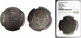 Bolivia Spanish colony Philip IV 8 Reales 1628 P Potosi mint Colonial Cob coinage NGC VFD Silver KM# 19a