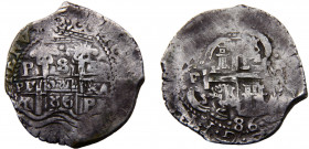 Bolivia Spanish colony Carlos II 8 Reales 1686 P VR Potosi mint Colonial Cob coinage Silver 26.51g KM# 26