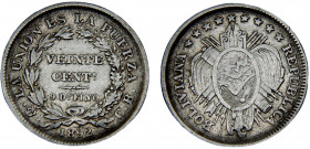 Bolivia Republic 20 Centavos 1892 PTS CB Potosi mint Silver 4.58g KM# 159.2