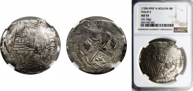Bolivia Spanish colony Philip II 8 Reales ND(1574-1586) P A Potosi mint Colonial Cob coinage NGC AU53 Silver KM# 5.1