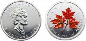 Canada Commonwealth Elizabeth II 5 Dollars 2001 (Mintage 49709) 1 oz. Silver Bullion Coinage, Colored Maple Leaf Serie Silver 0.999 31.39g KM# 436