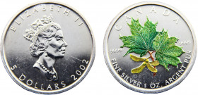 Canada Commonwealth Elizabeth II 5 Dollars 2002 (Mintage 29509) 1 oz. Silver Bullion Coinage, Colored Maple Leaf Serie Silver 0.999 31.46g KM# 505