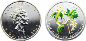 Canada Commonwealth Elizabeth II 5 Dollars 2003 (Mintage 29416) 1 oz. Silver Bullion Coinage, Colored Maple Leaf Serie Silver 0.999 31.52g KM# 521