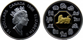 Canada Commonwealth Elizabeth II 15 Dollars 1998 (Mintage 68888) Lunar Cameo Coin, Year of the Tiger Silver,24 K gold plated cameo depicting a tiger i...