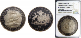 Chile Republic 10 Pesos 1968 So (Mintage 1215) Arrival of Liberation Fleet in 1820 under command of Lord Cochrane NGC PF65 Silver 0.999 KM# 183