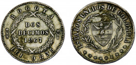 Colombia United States 2 Décimos 1867 Bogota mint Silver 4.89g KM#149a.1
