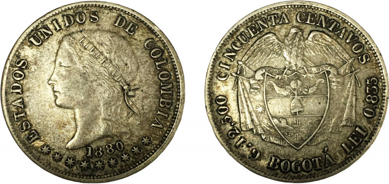 Colombia United States 50 Centavos 1880 BOGOTA Bogota mint Silver 12.69g KM#177....