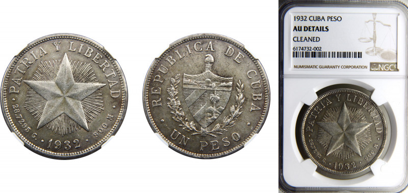 Cuba First Republic 1 Peso 1932 Philadelphia mint "Star" Peso NGC AUD Silver KM#...