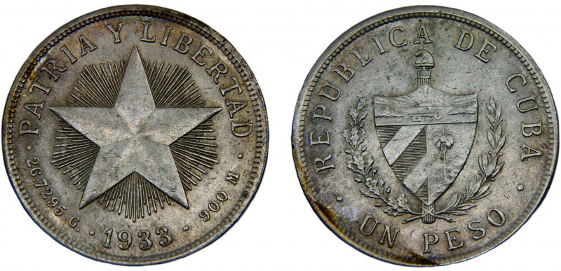 Cuba First Republic 1 Peso 1933 Philadelphia mint "Star" Peso Silver 26.75g KM# ...