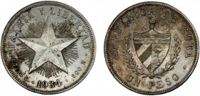 Cuba First Republic 1 Peso 1934 Philadelphia mint "Star" Peso Silver 26.72g KM# 15