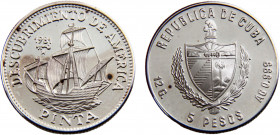 Cuba Second Republic 5 Pesos 1981 Havana mint(Mintage 1000) Discovery of America, Pinta Silver 0.999 12.03g KM# 72
