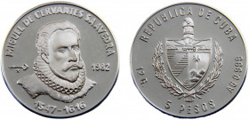 Cuba Second Republic 5 Pesos 1982 Havana mint(Mintage 2000) Spanish Themes, Miguel de Cervantes Silver 0.999 12.01g KM# 99