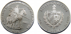 Cuba Second Republic 5 Pesos 1982 Havana mint(Mintage 2000) Spanish Themes, Don Quixote and Sancho Panza Silver 0.999 11.96g KM# 101