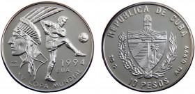 Cuba Second Republic 10 Pesos 1992 World Cup Soccer USA, 1994 Silver 0.999 20.07g KM# 458