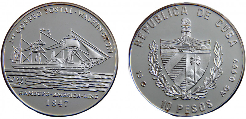 Cuba Second Republic 10 Pesos 1997 (Mintage 5000) First Post Service, Ship Washi...