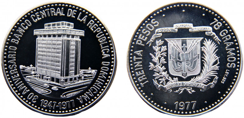 Dominican Fourth Republic 30 Pesos 1977 (Mintage 2000) 30th Anniversary of Centr...