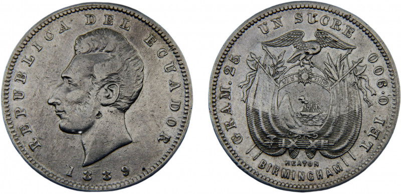 Ecuador Republic 1 Sucre 1889 HEATON Heaton's mint head of Antonio José de Sucre...