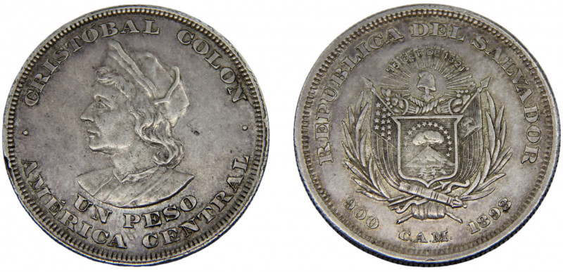 El Salvador Republic 1 Peso 1893 C.A.M. San Salvador mint Silver 24.92g KM#115.1