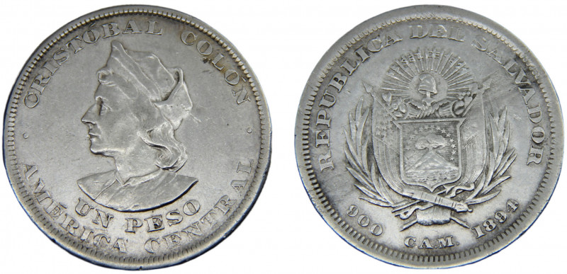 El Salvador Republic 1 Peso 1894 C.A.M. San Salvador mint Silver 24.88g KM#115.1