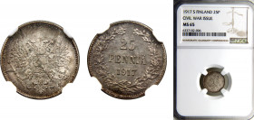 Finland Grand duchy 25 Penniä 1917 S Helsinki mint Civil War coins, without crown NGC MS65 Silver KM# 19