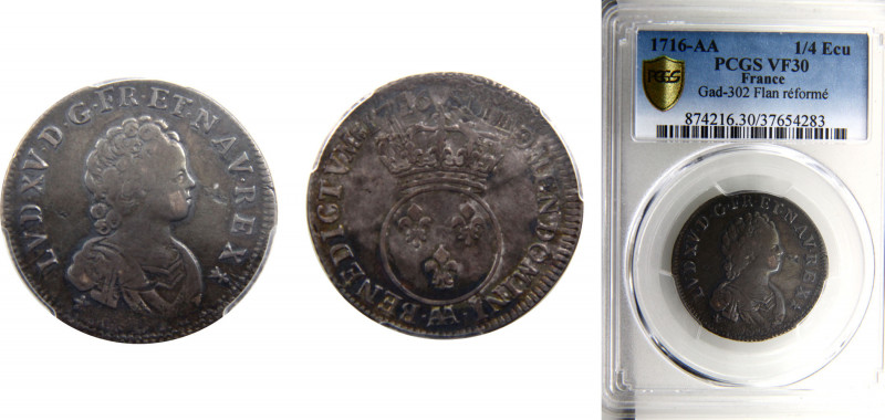 France Kingdom Louis XV 30 Sols - ¼ Ecu 1716 AA Metz mint PCGS VF30 Silver KM 41...