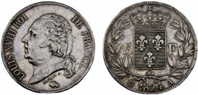 France Kingdom Louis XVIII 5 Francs 1824 A Paris mint bare head Silver 24.88g KM# 711.1