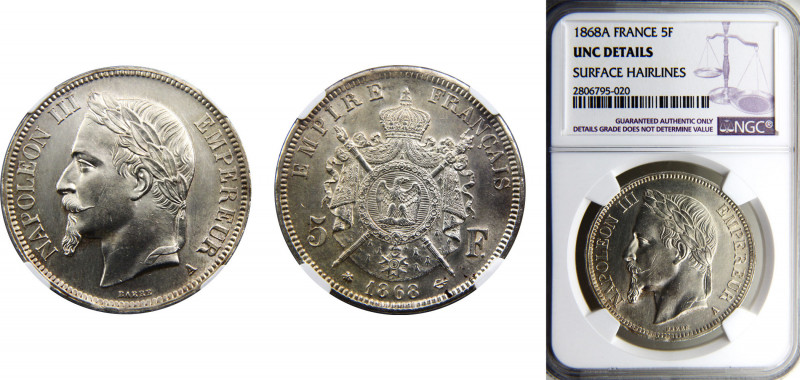 France Second Empire Napoleon III 5 Francs 1868 A Paris mint NGC UNCD Silver KM#...