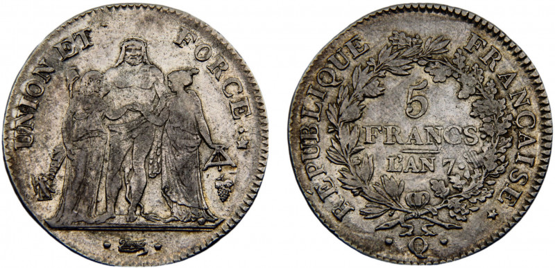 France First Republic 5 Francs AN7(1798) Q Perpignan mint Hercules Silver 24.77g...