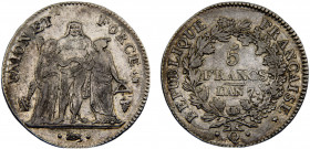 France First Republic 5 Francs AN7(1798) Q Perpignan mint Hercules Silver 24.77g F. 296/6