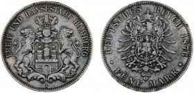 Germany Second Empire Free Hanseatic city of Hamburg 5 Mark 1876 J Hamburg mint Silver 27.5g KM# 598