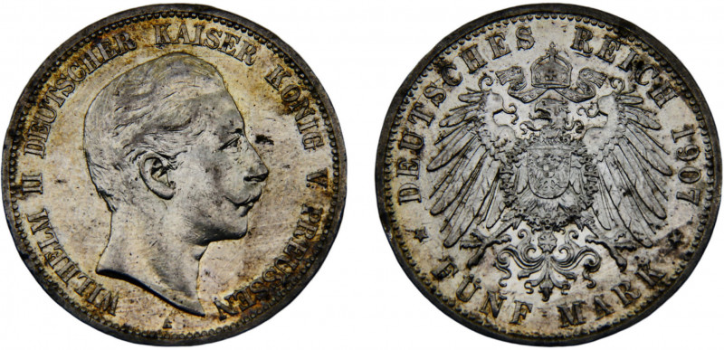 Germany Second Empire Kingdom of Prussia Wilhelm II 5 Mark 1907 A Berlin mint Si...