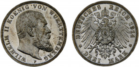 Germany Second Empire Kingdom of Württemberg Wilhelm II 3 Mark 1914 F Stuttgart mint Silver 16.7g KM# 635