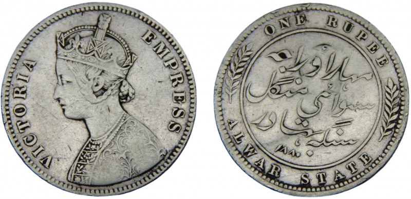 India Princely states Alwar Swai Mangal Singh 1 Rupee 1880 Victoria Silver 11.48...