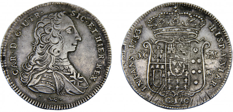 Italy States Kingdom of Naples Carlos III 120 Grana 1753 Silver 25.3g KM# 162