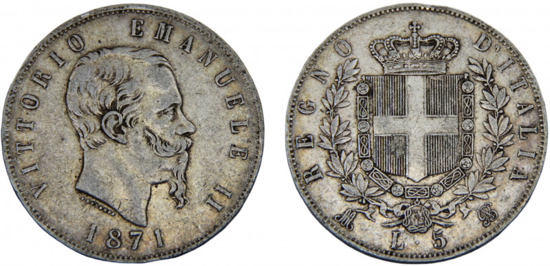 Italy Kingdom Victor Emmanuel II 5 Lire 1871 M BN Milano mint Silver 24.91g KM#8...