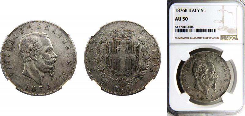 Italy Kingdom Victor Emmanuel II 5 Lire 1876 R Rome mint NGC AU50 Silver KM# 8