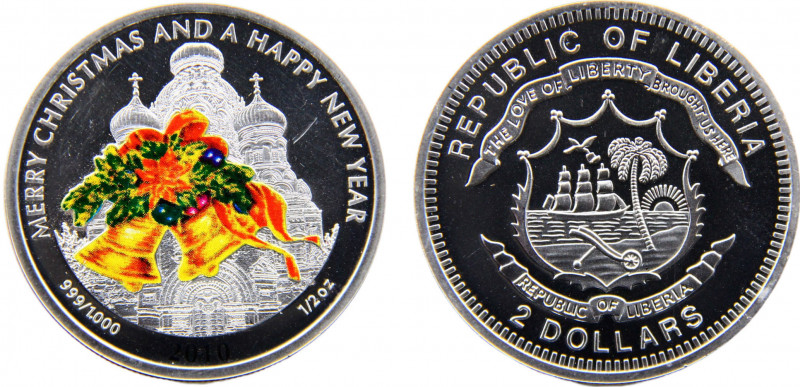 Liberia Republic 2 Dollars 2011 Merry Christmas & Happy New Year Silver 0.999 15...