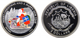 Liberia Republic 2 Dollars 2011 Merry Christmas & Happy New Year Silver 0.999 15.55g KM# 1003