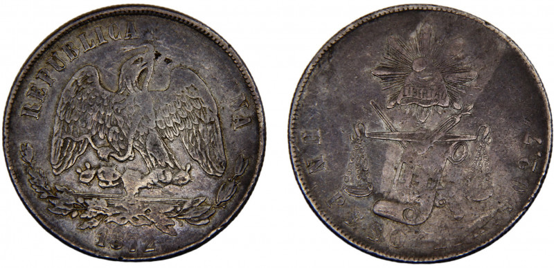 Mexico Federal republic 1 Peso 1872 Zs H Zacatecas mint Silver 27g KM#408.8