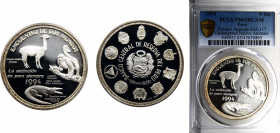 Peru Republic 1 Nuevo Sol 1994 (Mintage 25000) Ibero-American Series, Endangered animals, Vicuna, monkey and crocodile Silver 0.925 KM# 317