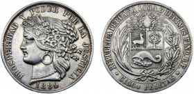 Peru Republic 5 Pesetas 1880 BF Silver 24.82g KM#201.2