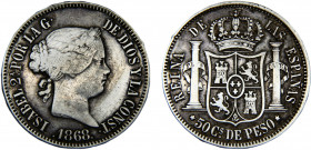 Philippines Spanish colony Isabel II 50 Céntimos 1868 Manila mint Silver 12.88g KM# 147